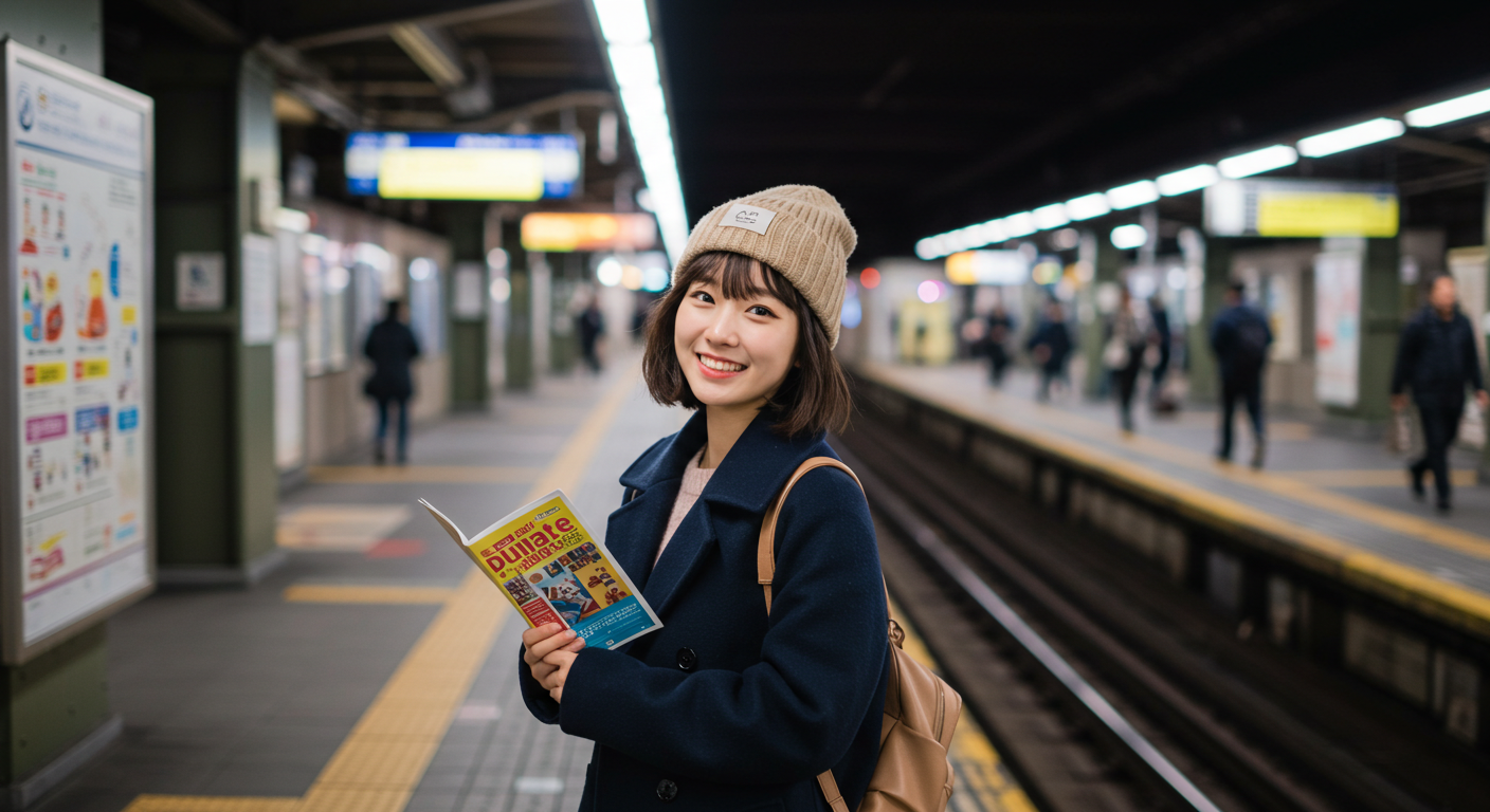 일본 지하철 여행을 하고 있는 여자