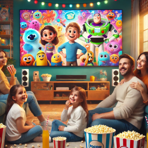 아이와 가족이 티비 앞에 앉아 있는 이미지