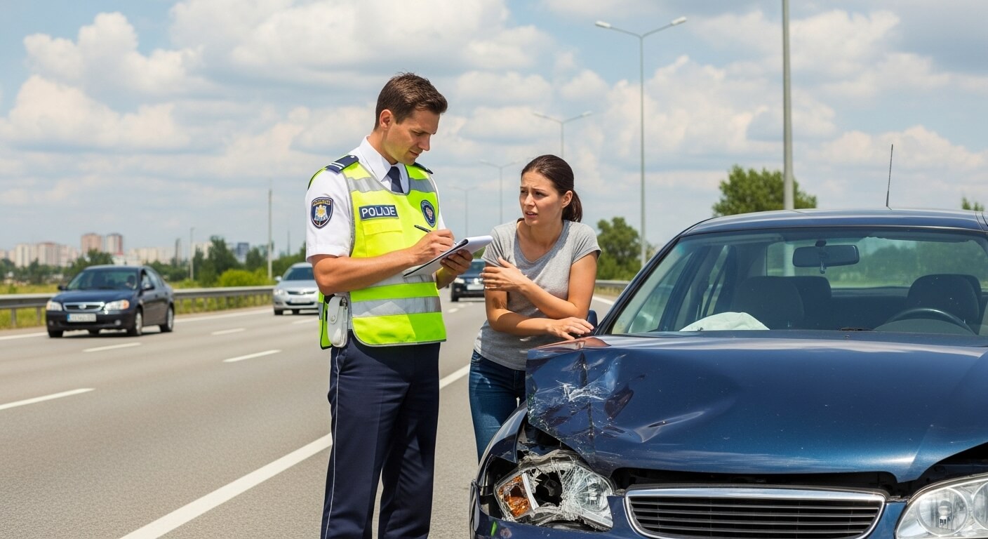 교통사고 현장에서 여성 운전자가 경찰관에게 사고 상황을 설명하는 장면