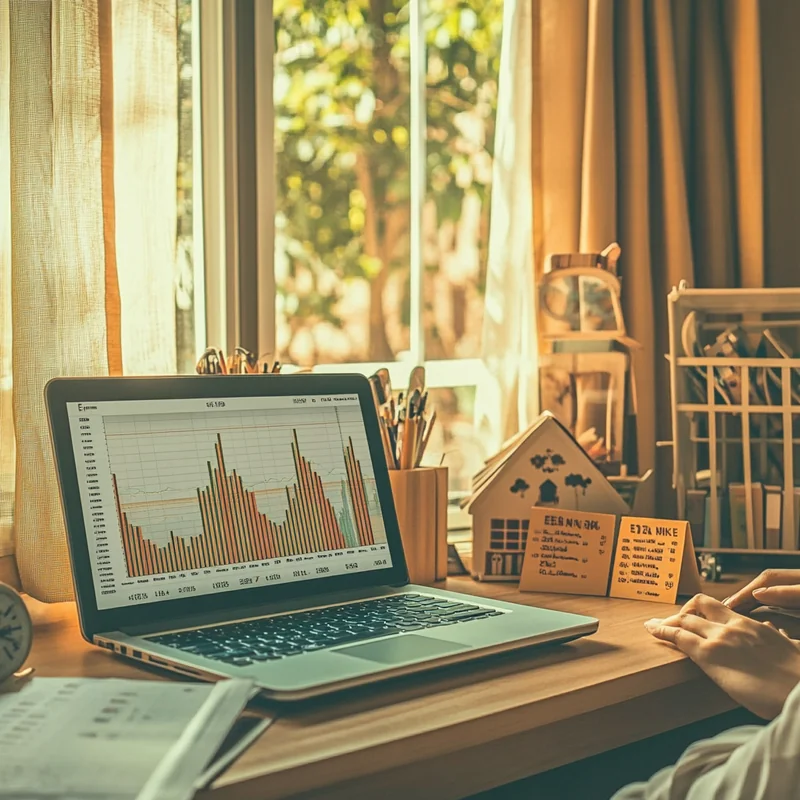 차분한 홈 오피스에서 노트북으로 ETF 데이터를 검토하는 사람의 모습으로, 투자의 조직적이고 분석적인 접근법을 나타냅니다. 자연 채광이 투자 전략 계획의 명확성을 더해줍니다.