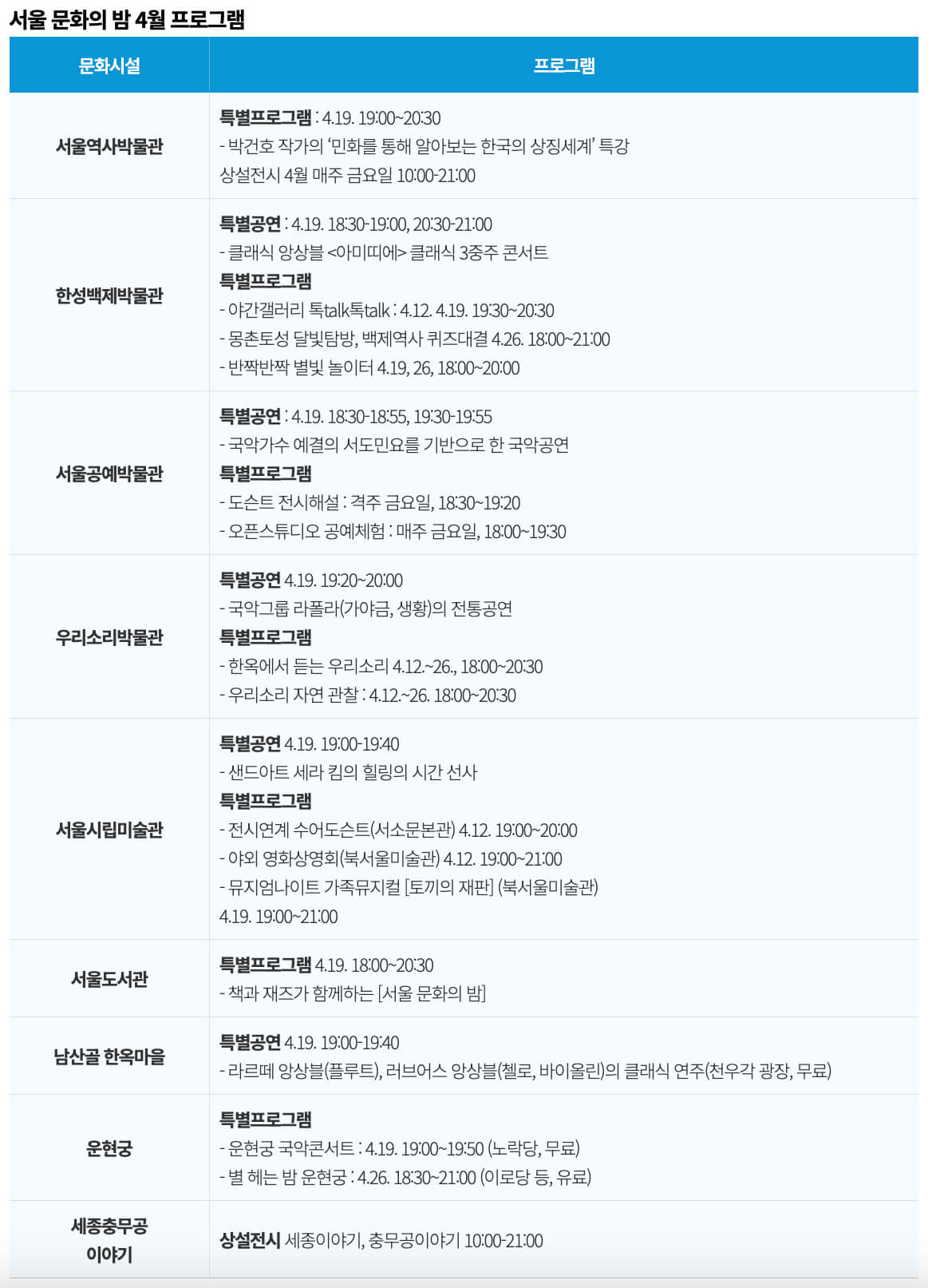 야간 공연 일정