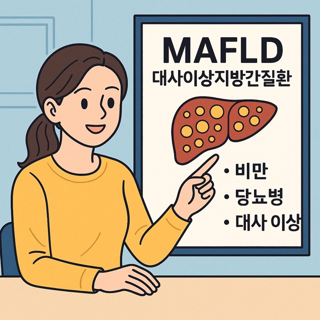 MAFLD(대사이상지방간질환) 진단 기준을 설명하는 여성 의료인(출처: 자체제작)