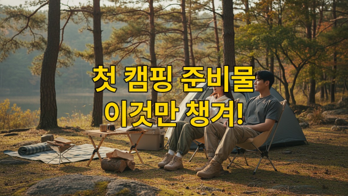2026년 대한민국 숲속, 미니멀 캠핑 장비를 펼쳐놓고 여유롭게 커피를 마시는 젊은 한국인 커플의 모습. 깔끔하고 아늑한 분위기를 연출하는 경량 텐트와 의자, 테이블이 돋보이는 장면.