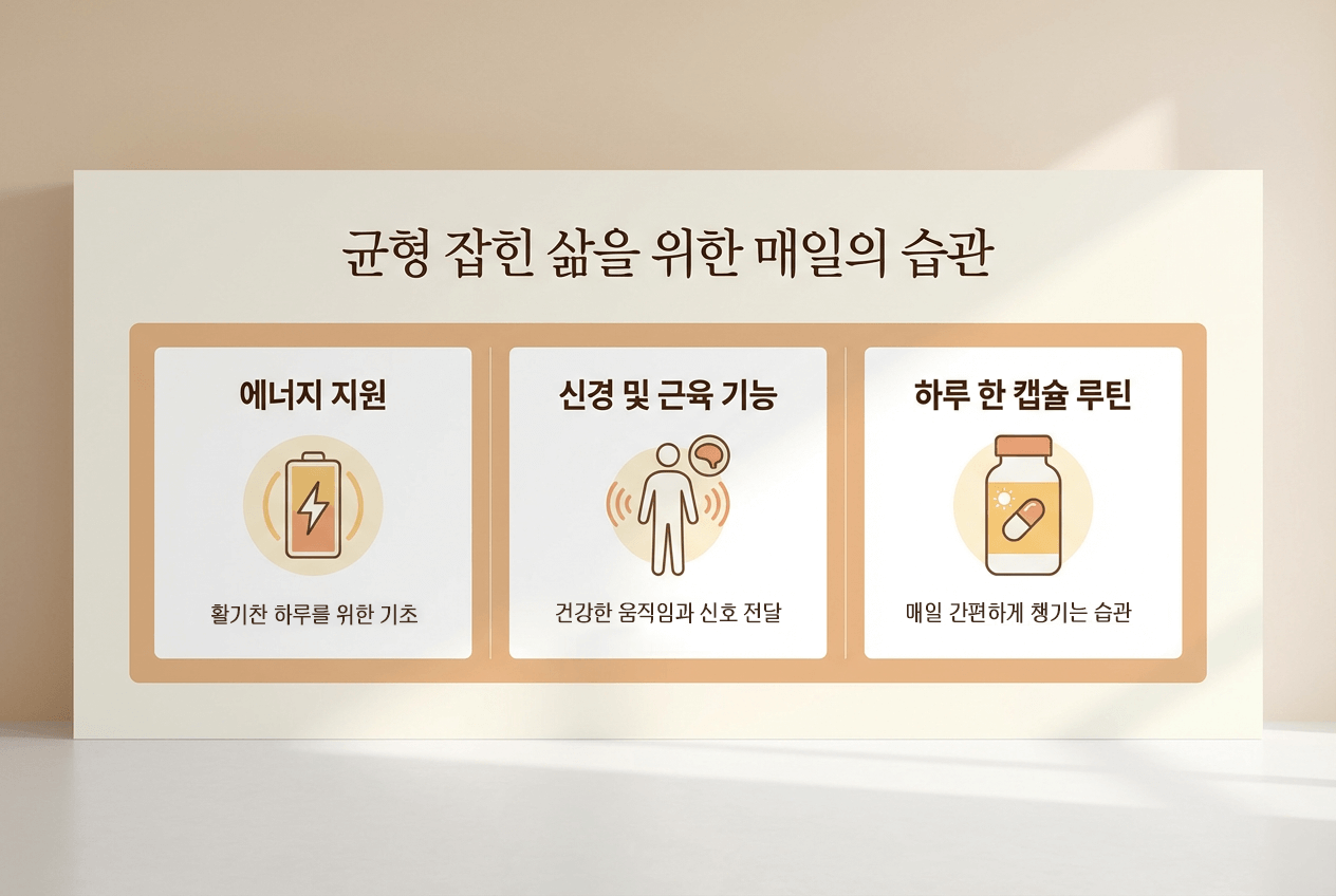 마그네슘과 비타민B6의 에너지 대사, 신경·근육 기능 유지 도움 포인트와 하루 1캡슐 섭취 루틴을 요약한 인포그래픽