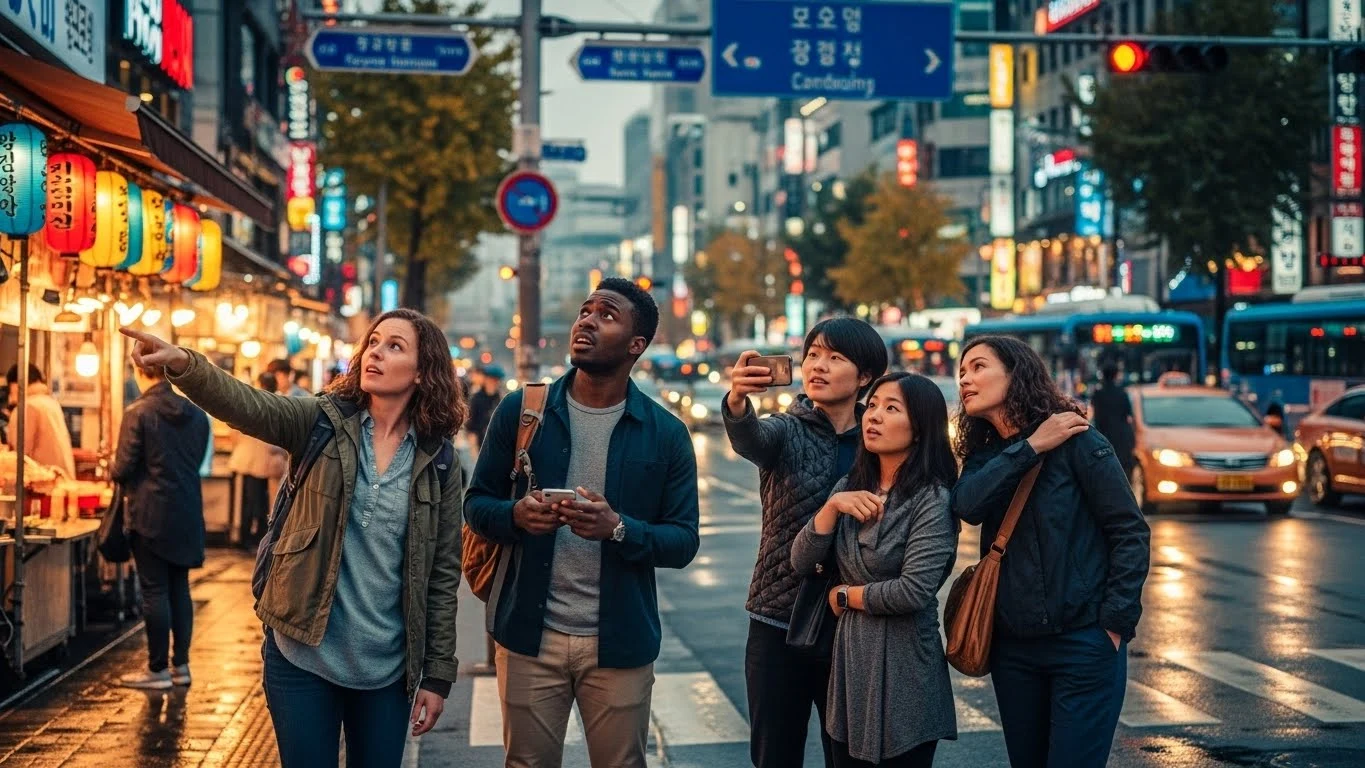 한국 거리에서 주변을 둘러보며 낯설어하는 외국인의 모습