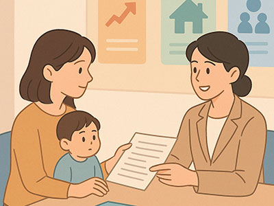엄마와 어린아이가 복지 상담을 받기 위해 공무원과 마주 앉아 서류를 검토하는 장면. 뒤에는 집&amp;#44; 사람&amp;#44; 그래프 등의 아이콘이 걸려 있으며&amp;#44; 실제 복지 상담 상황을 부드럽게 묘사한 일러스트. 