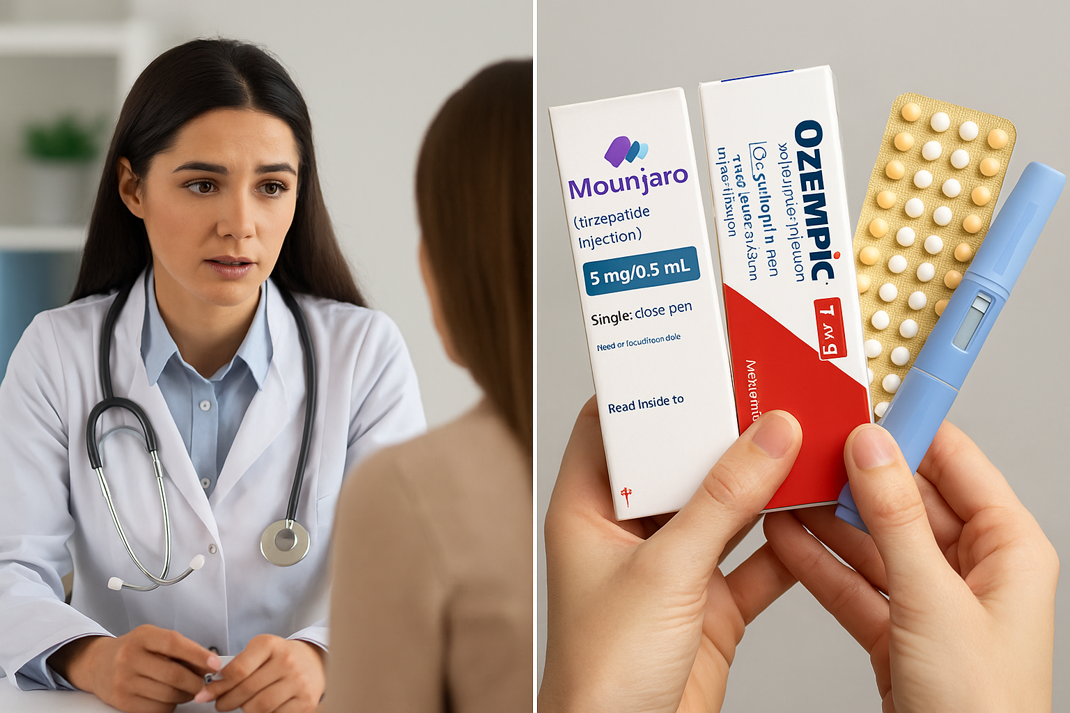 병원 상담 장면과 피임약과 주사 이미지