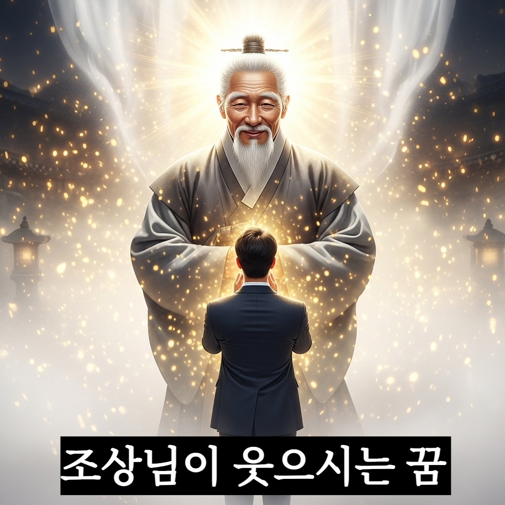 은은한 안개 너머로 인자하게 웃고 계시는 조상님의 형상과 그분을 향해 정중히 인사하며 황금빛 광명 속으로 걸어 들어가는 현대적인 한국인 남성의 모습