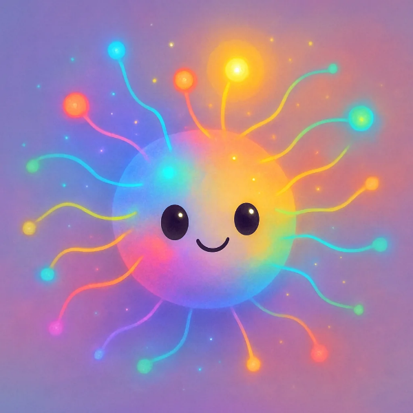 무지갯빛 에너지를 퍼뜨리며 활짝 웃는 둥근 캐릭터가 연결과 회복을 상징하는 장면