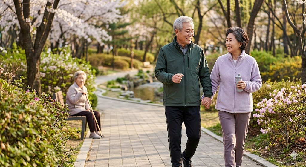 따뜻한 봄날 공원에서 손을 잡고 활기차게 파워워킹을 하며 웃고 있는 건강한 노년 부부의 모습. 배경의 벤치에는 지팡이를 짚고 힘없이 앉아있는 다른 노인의 모습이 흐리게 보여, 질병 없는 '건강수명'과 병치레하는 '평균수명'의 삶의 질 차이를 극명하게 시각적으로 대비시켜 보여주는 신뢰감 있는 실사 사진. 건강수명 늘리는 식습관 10가지 블로그 글의 핵심 썸네일 이미지.