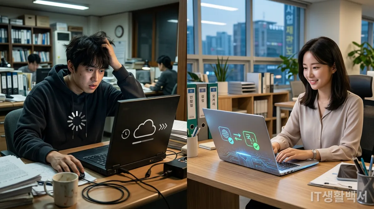 클라우드 AI와 온디바이스 AI의 차이를 보여주는 이미지: 느린 클라우드 AI와 빠른 온디바이스 AI 사용자의 대조