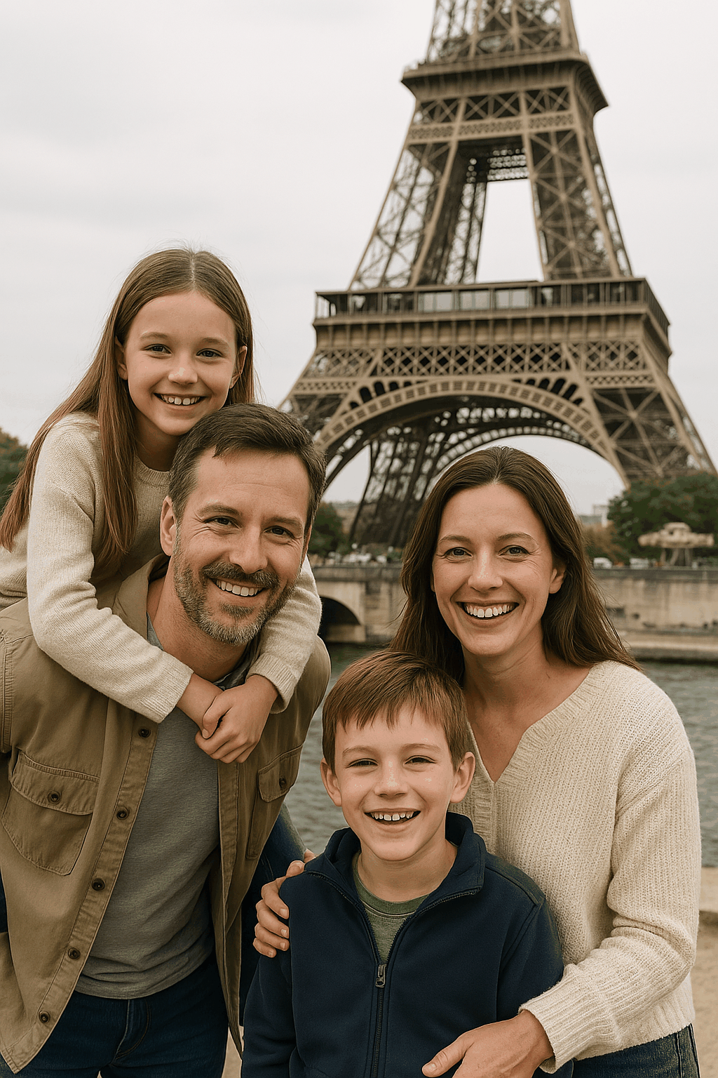에펠탑 앞에서 가족 네 명이 행복하게 포즈를 취하고 있는 장면