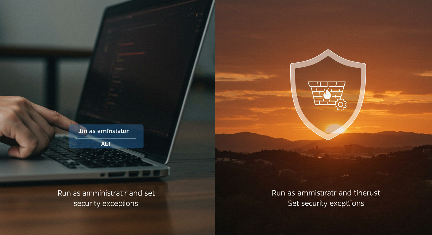 관리자 권한 실행과 보안 예외 설정 장면