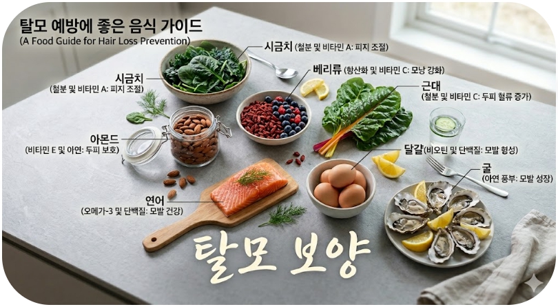 탈모 예방에 좋은 음식을 표현한 이미지