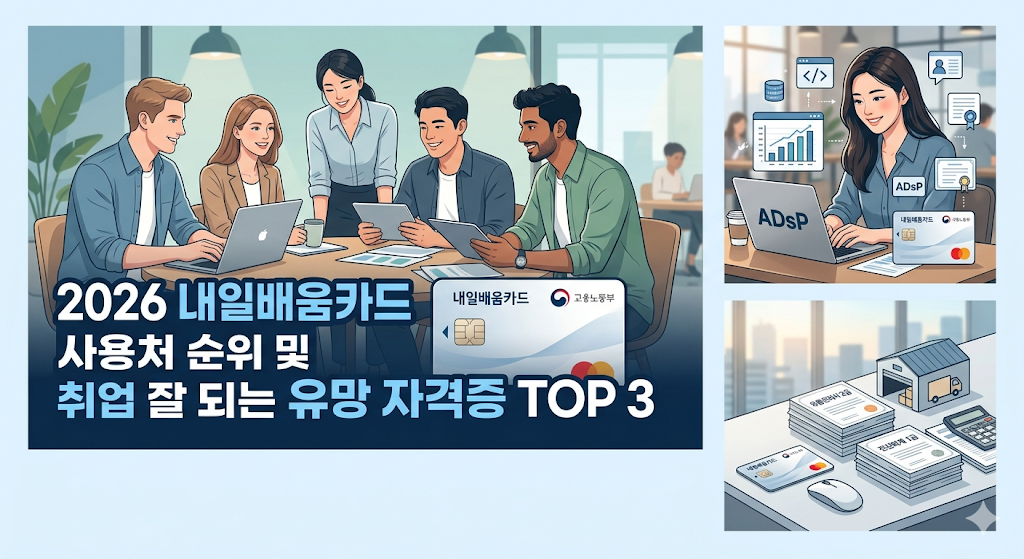 2026년 국민내일배움카드 사용처 순위 및 취업 유망 자격증 TOP 3 인포그래픽