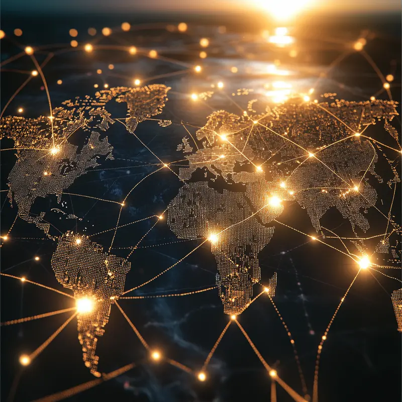 전 세계를 아우르는 경제 지표와 무역 관계가 표시된 세계 지도가 관세의 글로벌 상거래에 미치는 영향을 강조하며 전략적 복잡성을 드러낸다.