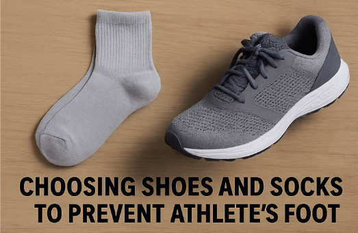 기능성 양말과 통풍 신발로 무좀을 예방하는 방법을 보여주는 깔끔한 제품 이미지