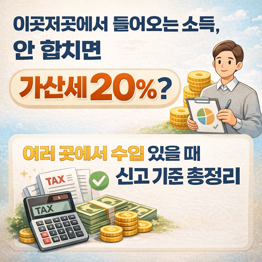 여러 곳에서 발생한 프리랜서 소득과 부업 수입을 종합소득세로 합산 신고해야 하는 기준과 가산세 위험을 설명하는 세무 정보 썸네일 이미지