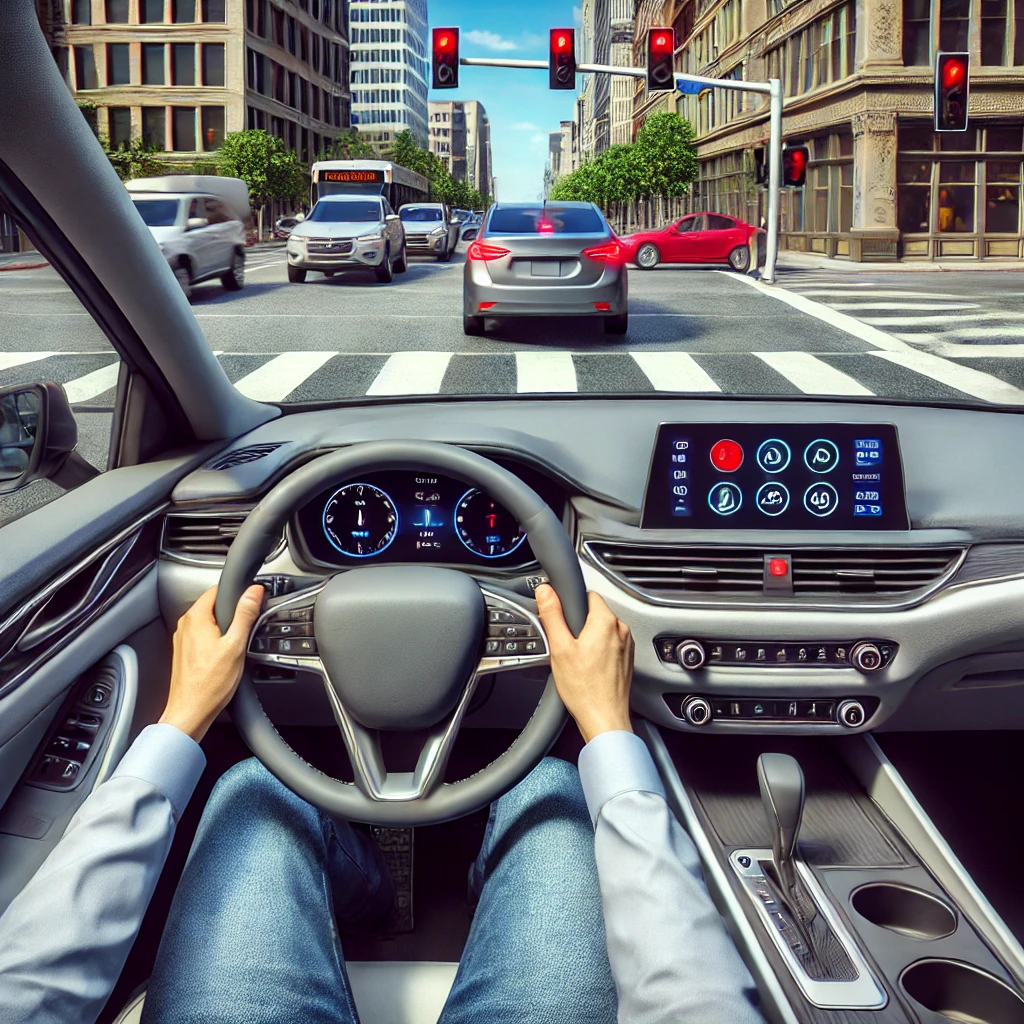 도시 교차로에서 빨간 신호등을 기다리는 자동차. 운전자는 좌우를 주의 깊게 살피고 있으며, 배경에는 교통 신호등과 건물들이 선명하게 보임