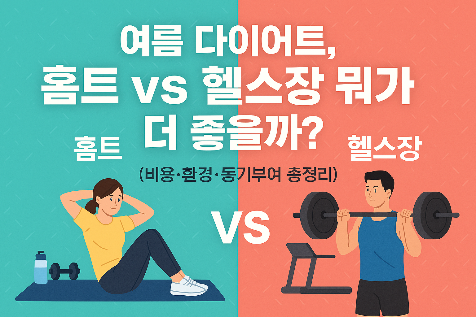 “홈트와 헬스장 운동을 비교하는 일러스트 썸네일 이미지. 왼쪽에는 홈트하는 여성과 운동용품이 있는 파란 배경, 오른쪽에는 헬스장에서 바벨을 드는 남성이 있는 주황 배경으로 구성되어 있으며, 중앙에는 ’여름 다이어트, 홈트 vs 헬스장 뭐가 더 좋을까? (비용·환경·동기부여 총정리)’라는 문구가 큼직하게 적혀 있음.”