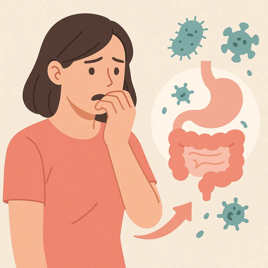 손톱을 물어뜯으며 걱정스러운 표정을 짓고 있는 인물 옆에 위장과 장 모양의 아이콘이 배치되어 있고, 주변에는 박테리아 모양의 마이크로브들이 떠다니며 손톱 물어뜯기 습관이 장 건강에 미치는 영향을 시각화한 일러스트