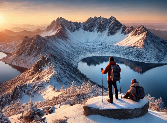 산 정상에서 아래를 내려다보는 두사람