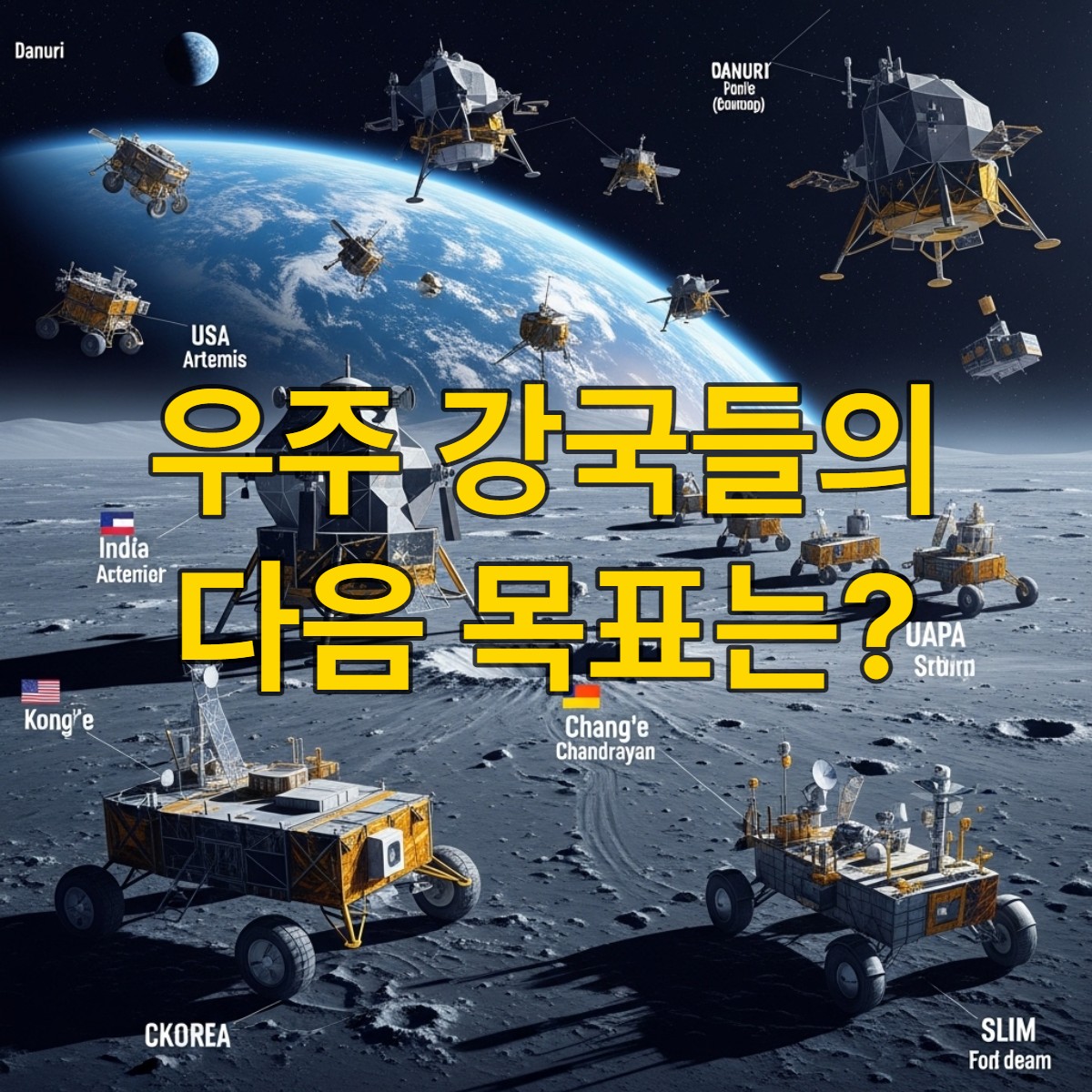2025년 각국 달 탐사선들이 달 주위를 돌고 착륙하며 활발하게 활동하는 모습, 우주 경쟁과 협력의 역동적인 장면