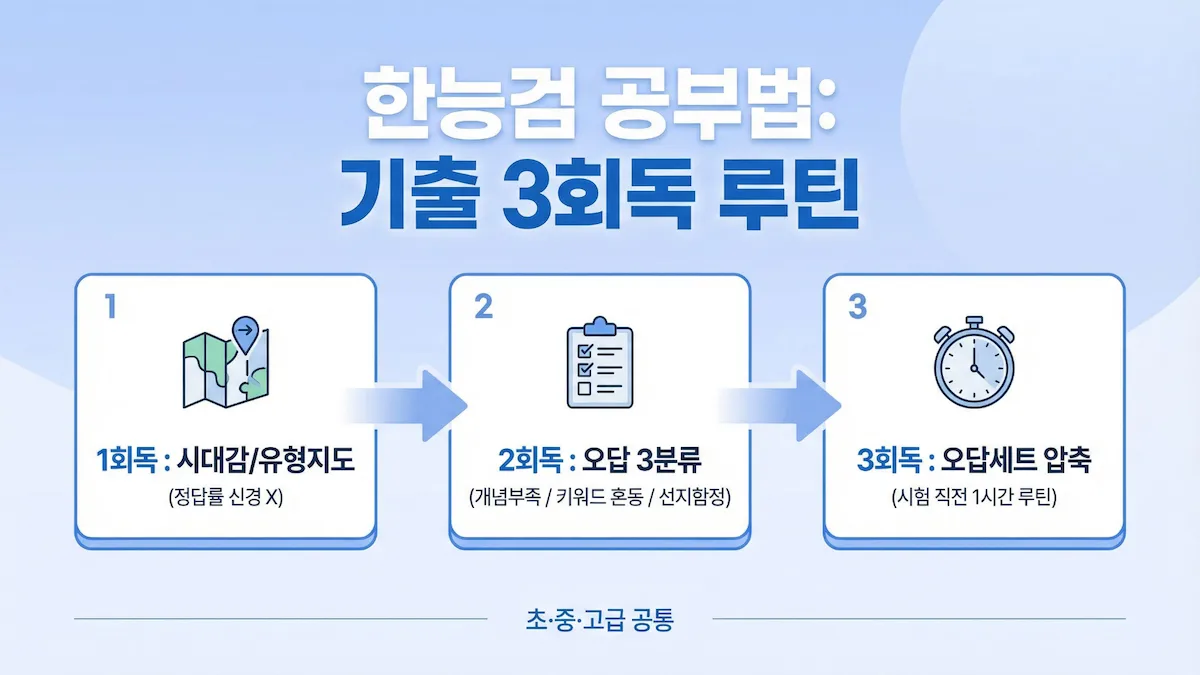 한능검 공부법 기출 3회독 루틴(1회독 지도&middot;2회독 오답분류&middot;3회독 오답세트 압축)을 요약한 인포그래픽