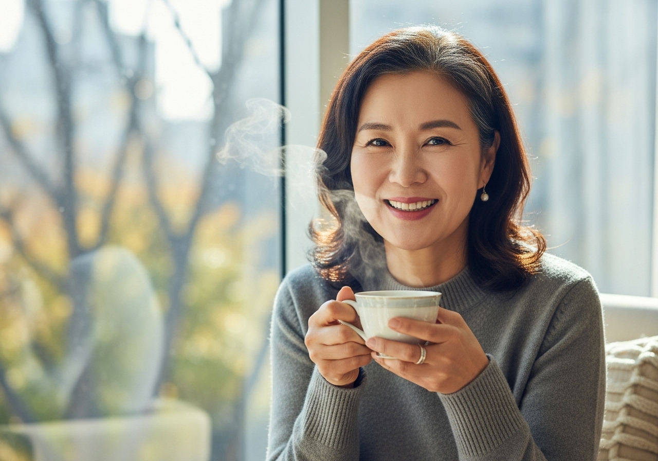 50대 한국인 여성, 차 한잔 들고 창가에 앉아 있음