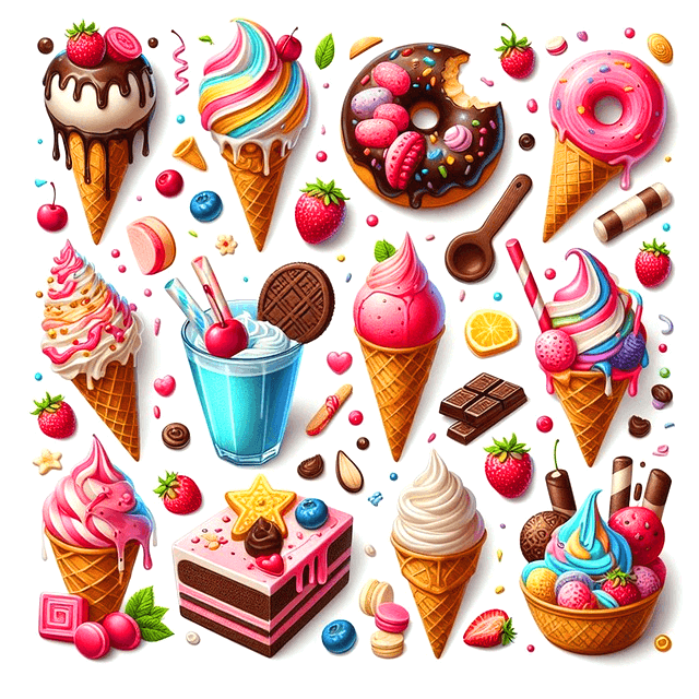 12개의 다양한 아이스크림콘들이 나열됐고, 도너츠도 섞여있다. 초코아이스크림, 바닐라아이스크림 등 종류가 다양하다.