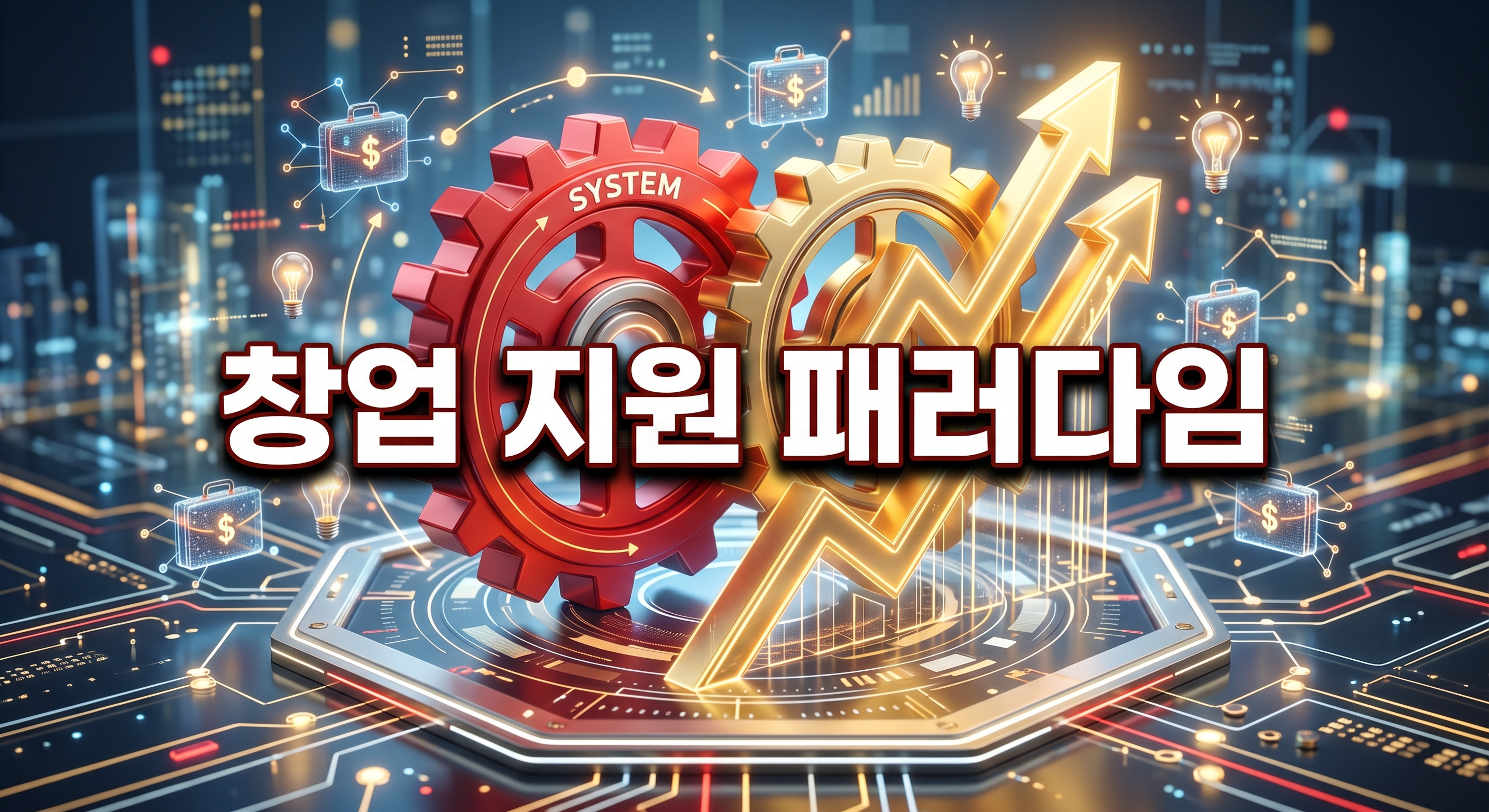 시스템적인 패러다임 변화를 상징하듯 밝은 붉은색 톱니바퀴가 황금빛 상승 그래프와 맞물려 돌아가고 그 주변을 작은 디지털 서류 가방과 전구들이 둘러싼 3D 일러스트 배경에, 짙은 그림자와 외곽선으로 선명하게 강조된 '창업 지원 패러다임'이라는 한글 문구가 중앙에 적힌 이미지