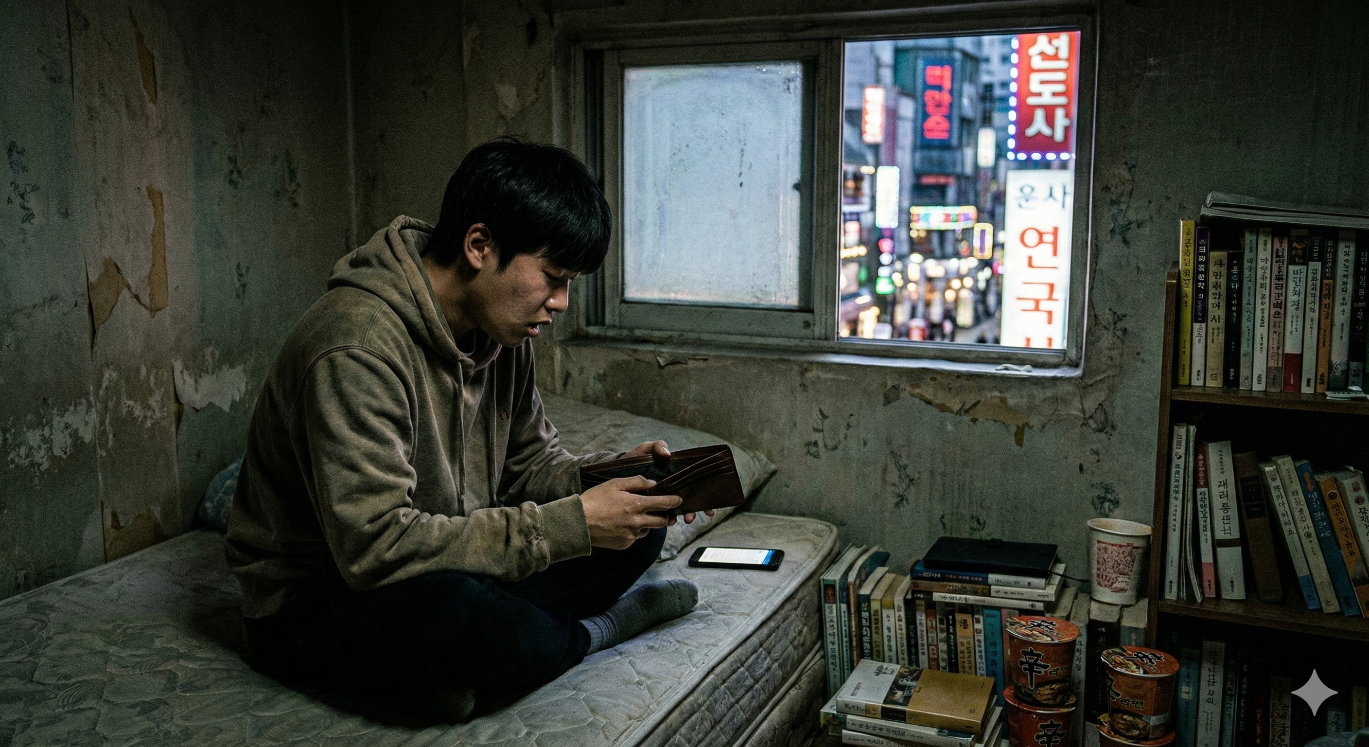 어두운 방 안에서 텅 빈 지갑을 보며 한숨 쉬는 취준생, 창밖의 화려한 도시 불빛과 대비