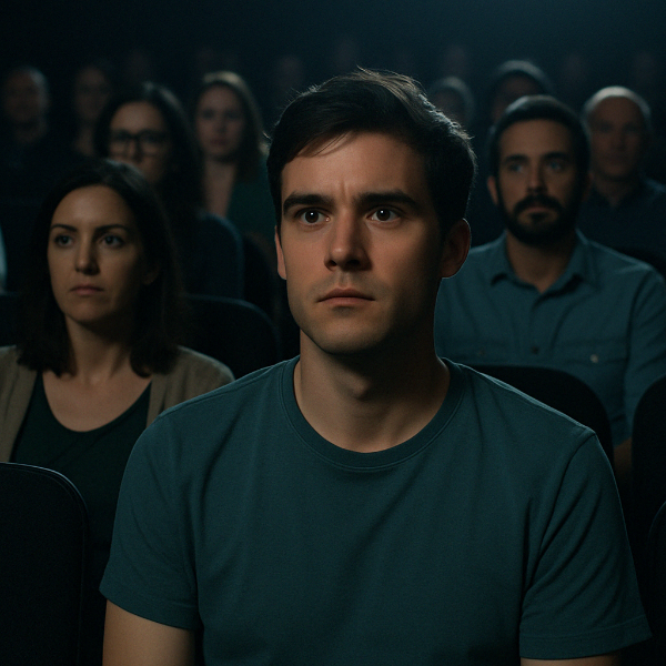 감정의 흐름을 따라가는 관객, 어두운 극장 속 반전 직전의 순간