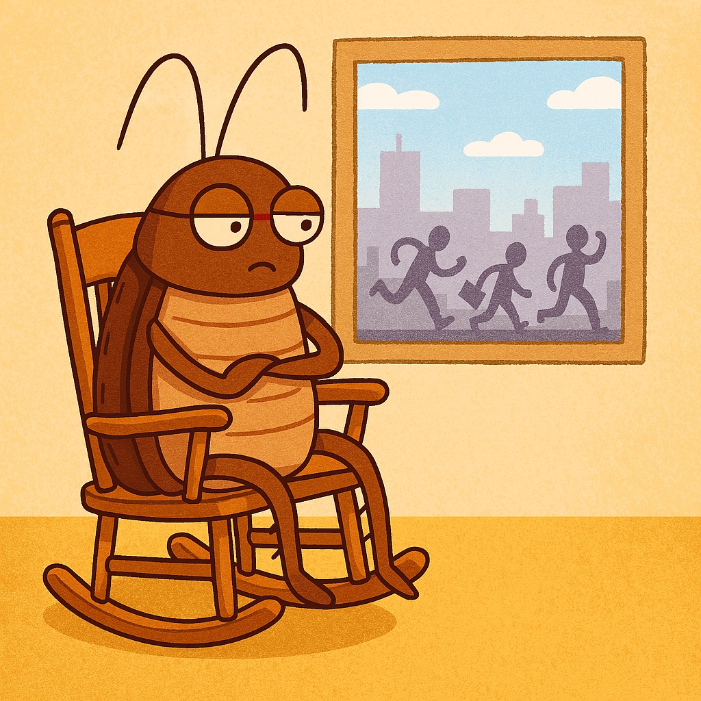 한심해하는 표정으로 창문밖 인류를 바라보고 있는 바퀴벌레