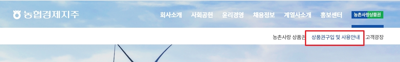 홈페이지 상단 메뉴에서 상품권 구입 및 사용 안내 버튼을 클릭하는 과정