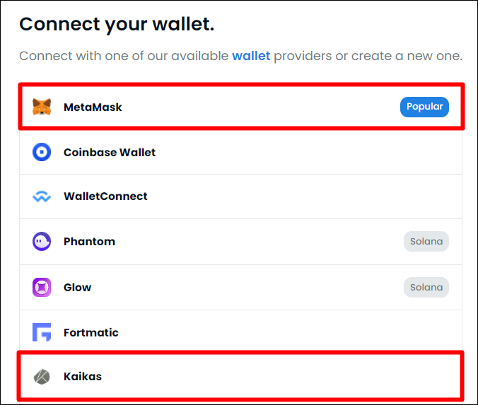 연결할 개인지갑을 선택하는 창