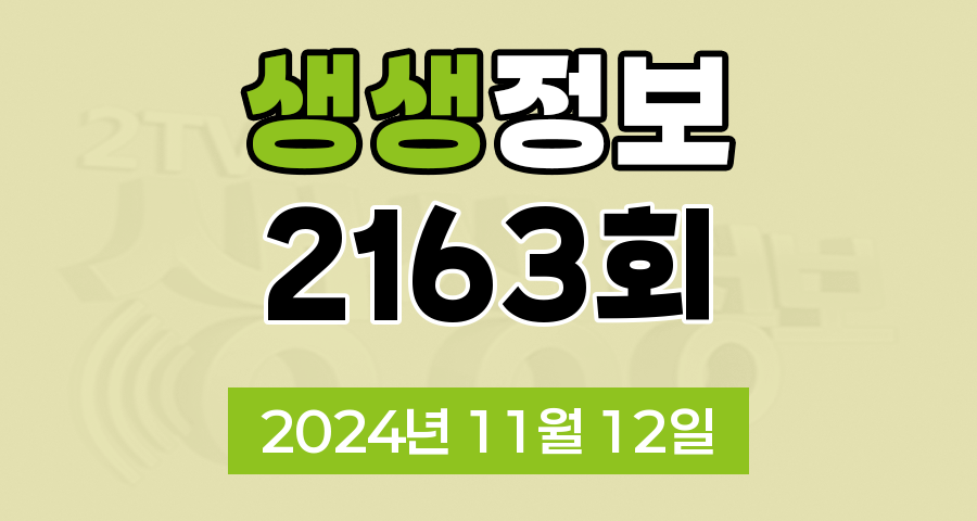 KBS 2TV 생생정보 2163회 2024년 11월 12일 맛집 식당 업체 촬영장소 촬영지 정보, 생생 현장, 장사의 신, SNS 화제 영상, 미스터 Lee의 사진 한 컷, 대한민국, 리/얼/극/장 부부별곡