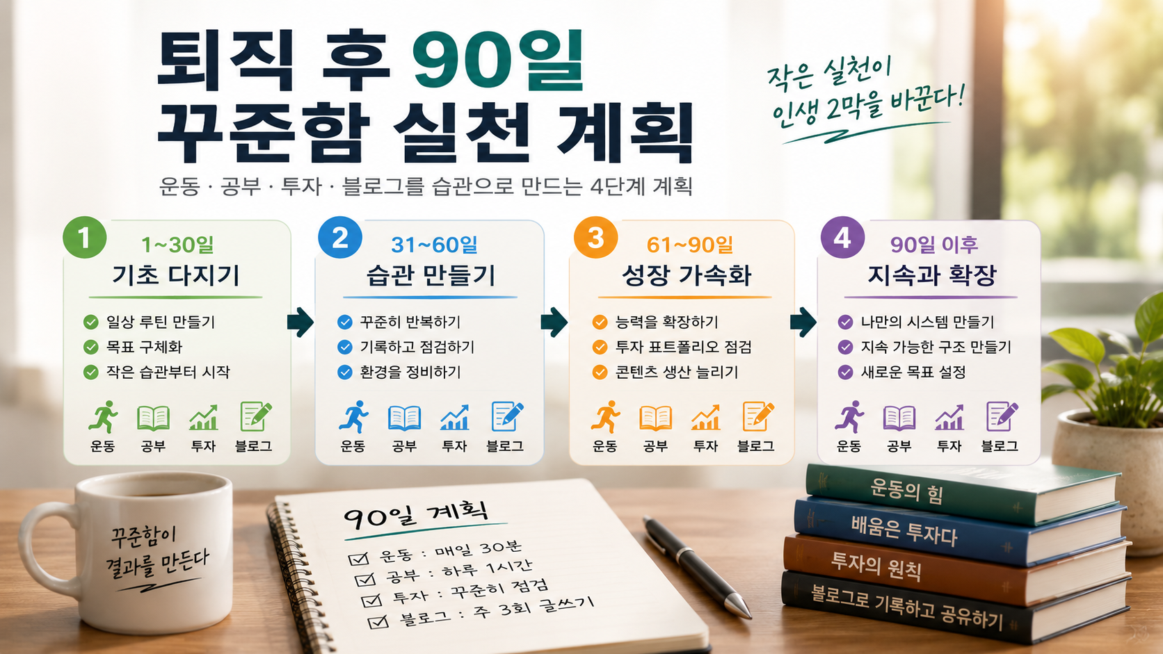 퇴직 후 운동 공부 투자 블로그를 90일 동안 네 단계로 실천하는 계획표