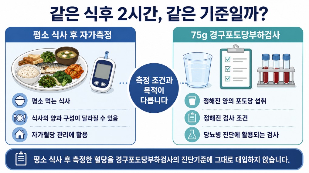 평소 식사 후 측정한 혈당과 75g 경구포도당부하검사의 2시간 혈당은 검사 조건과 목적이 다르다는 설명
