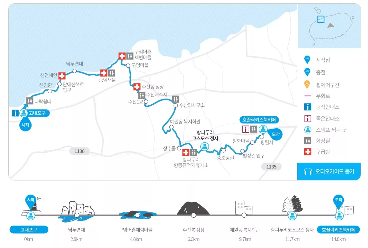 제주 올레길 16코스의 전체 경로와 주요 경유지를 보여주는 코스 안내판 이미지.
