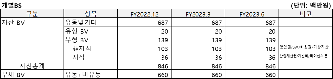 이멜벤처스(2023.3)의 개별BS를 정리한 표