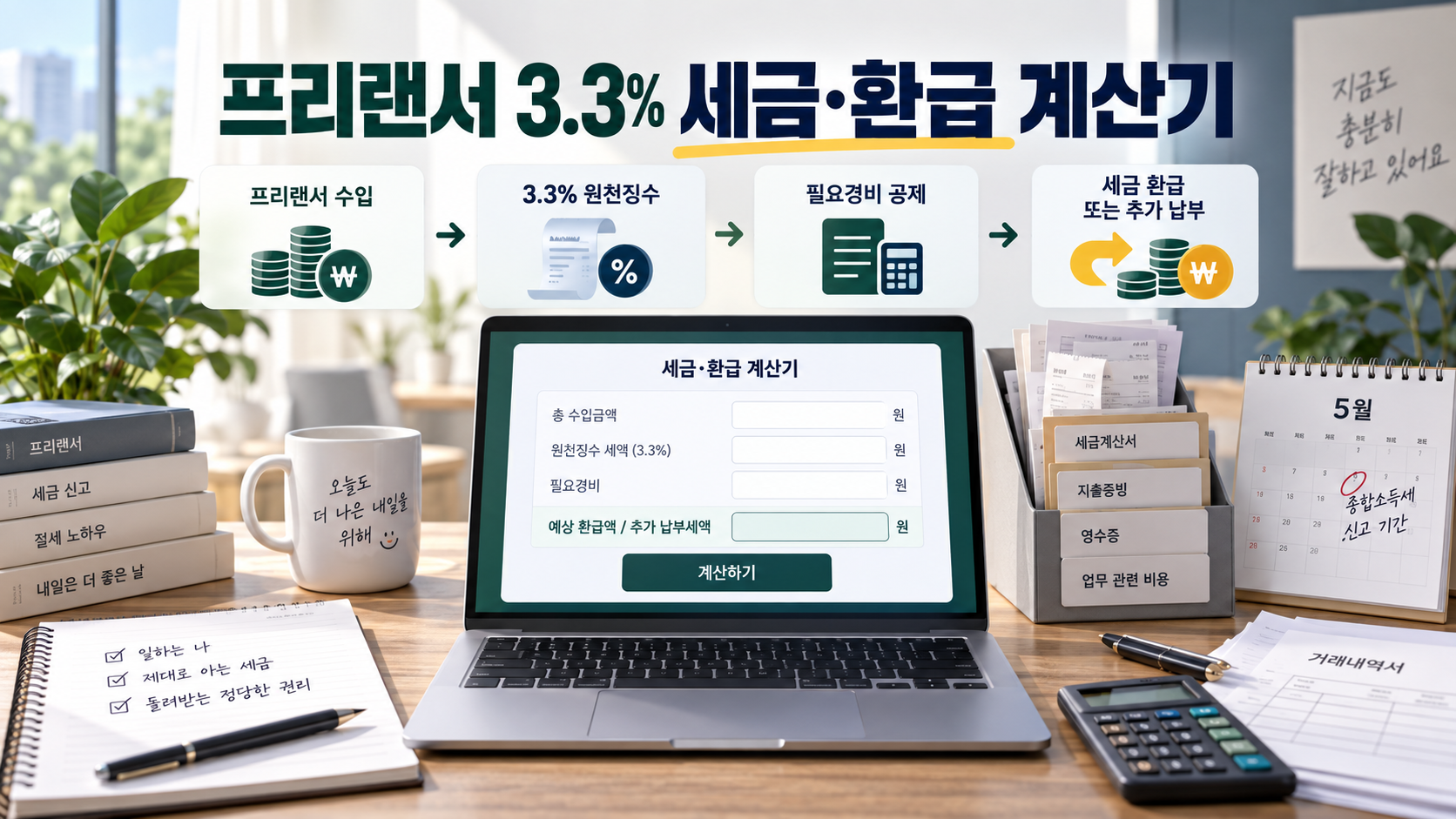 프리랜서 3.3% 세금·환급 예상 계산기 - 필요경비 넣고 추가납부 확인