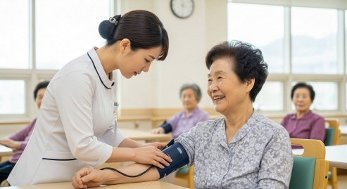 간호사가 어르신 건강상태 체크