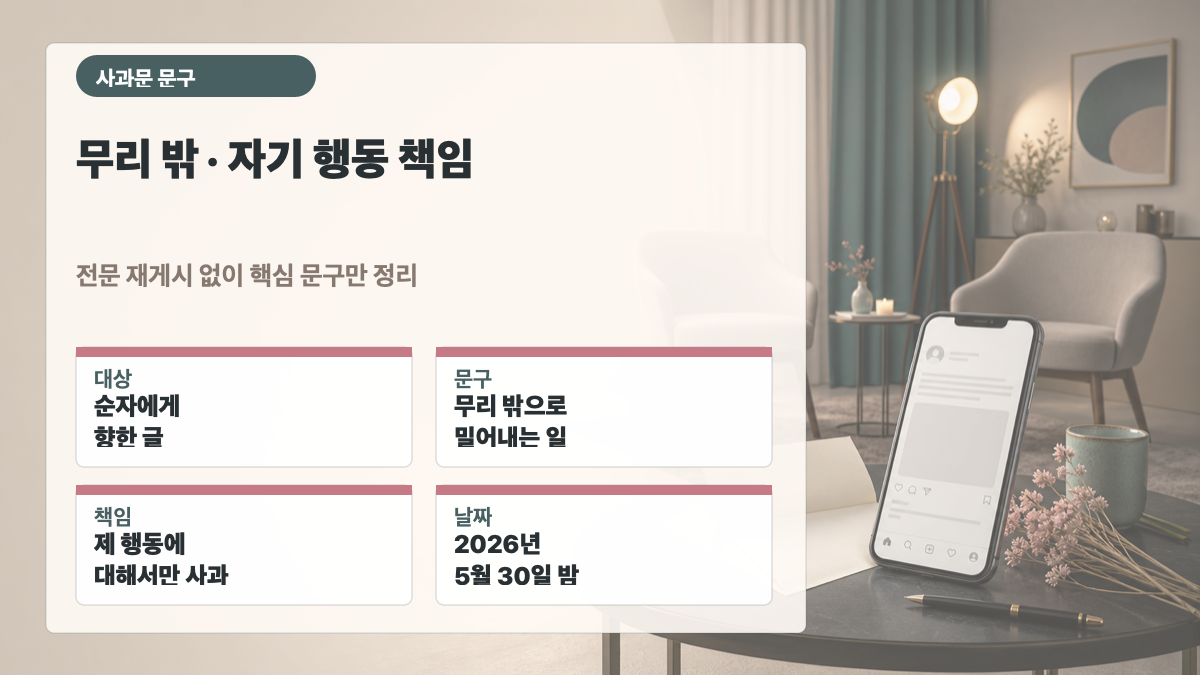 정희 5월 30일 사과문에서 순자에게 향한 사과, 무리 밖 표현, 자기 행동 책임을 담은 카드