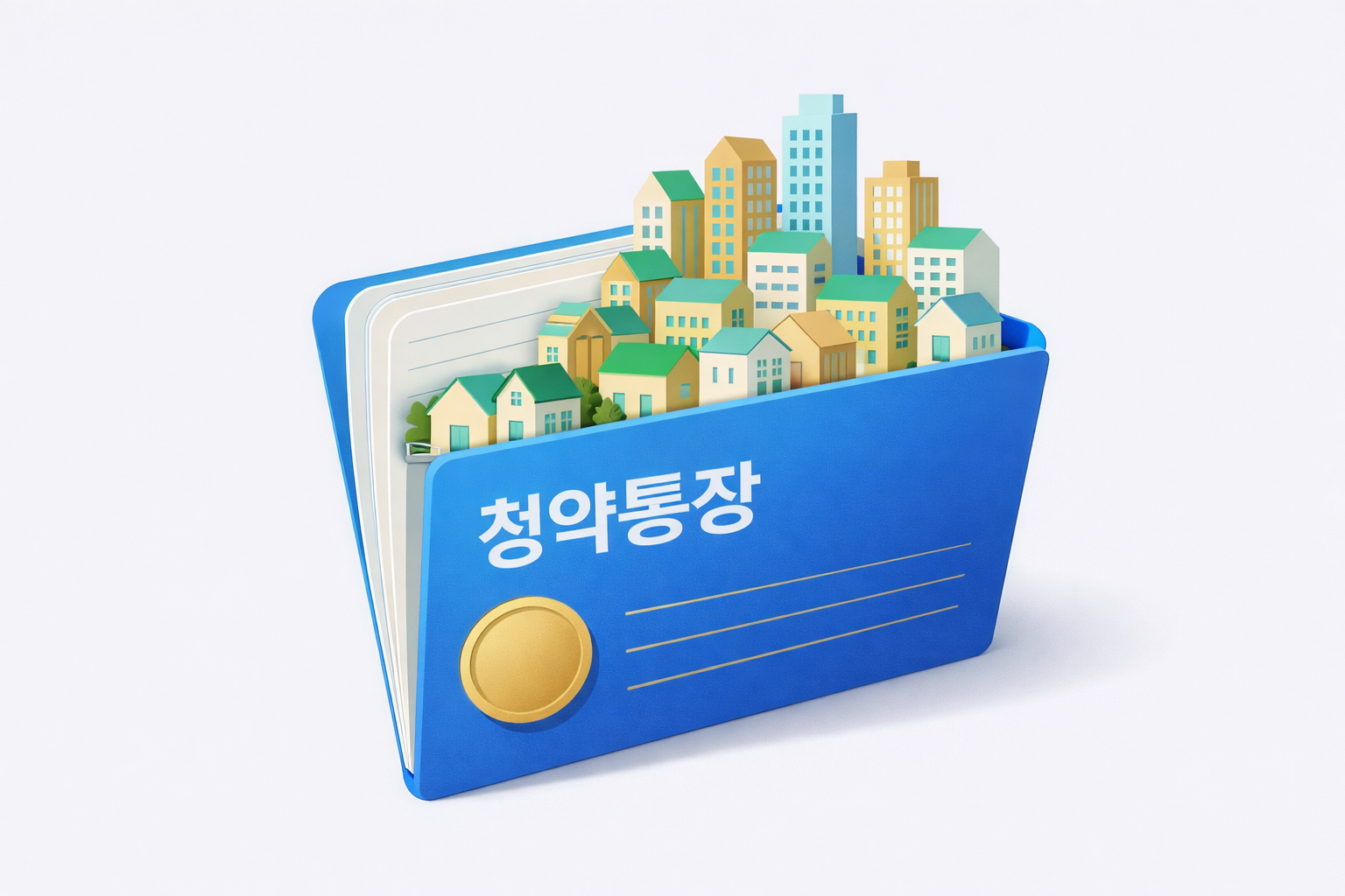 파란색 청약통장에서 현대적인 집들이 솟아오르는 모습의 3D 일러스트 이미지