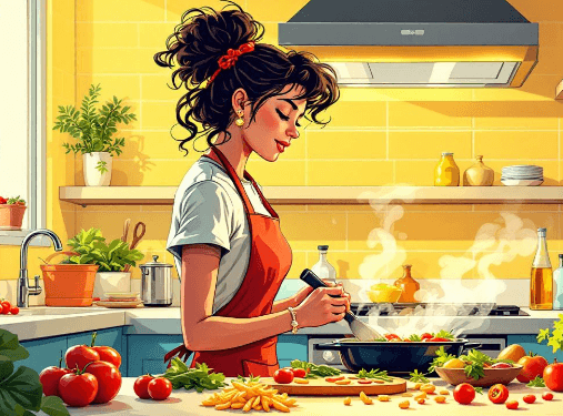 주방에서 요리하는 여자 그림