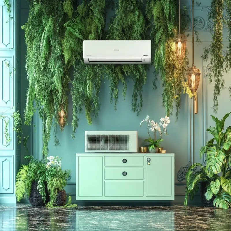 에너지 효율성이 뛰어난 인버터 에어컨이 자연친화적인 환경과 조화를 이루며 지속 가능한 디자인을 강조합니다. 자연을 닮은 공간에서 친환경적 선택을 체험하세요.