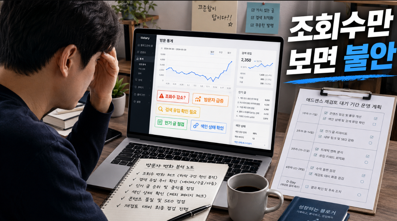 애드센스 재심사 기간에 티스토리 방문자 수 변화와 조회수 감소를 확인하며 지표를 점검하는 블로거 이미지