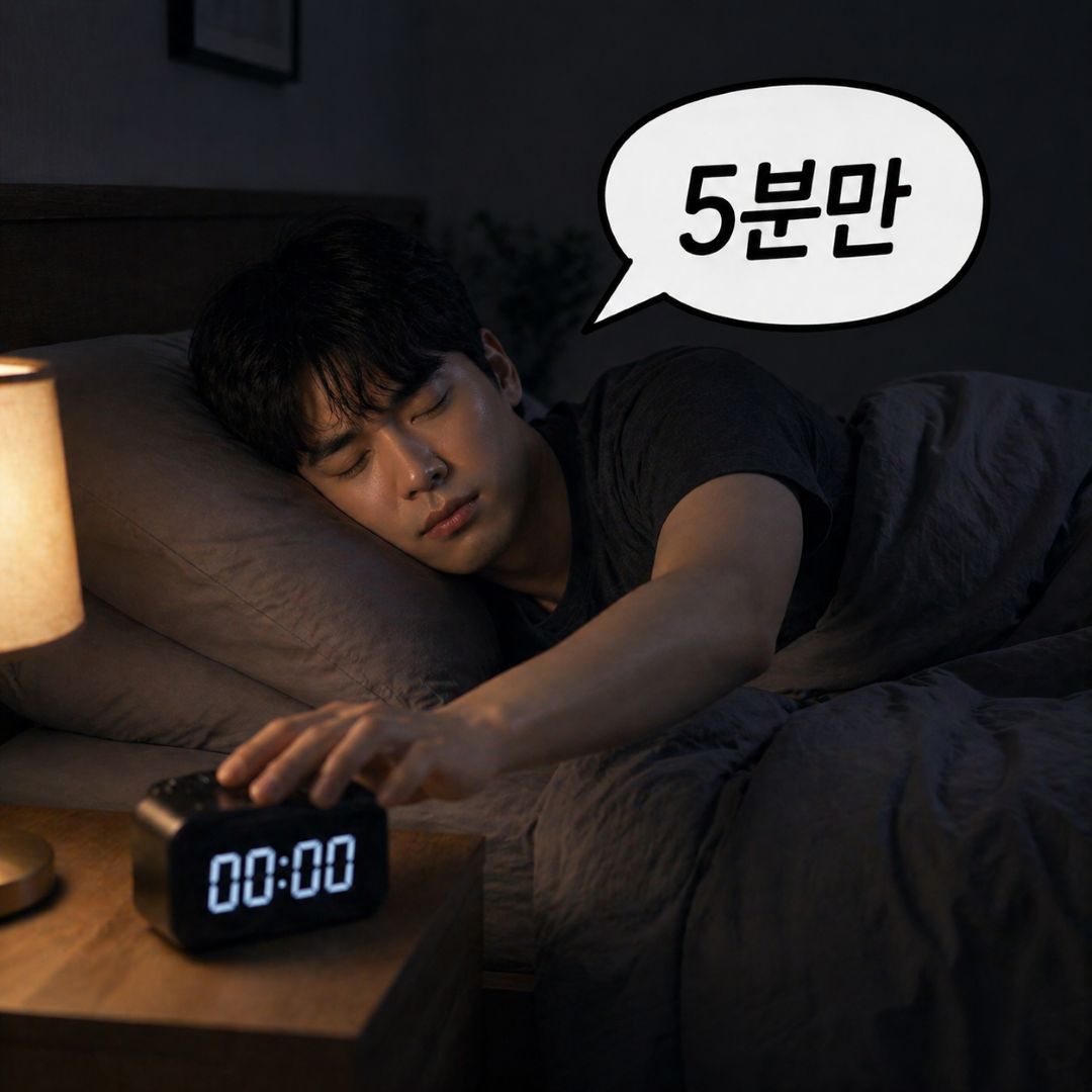 알람을 끄고 침대에서 다시 잠드는 모습