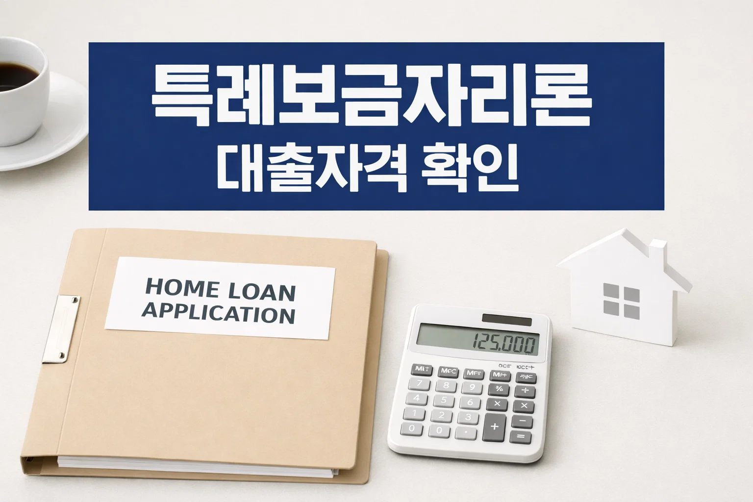 특례 보금자리론 대출자격을 빠르게 점검할 수 있도록 대출 신청서류와 계산기, 주택 모형을 배치해 신청 가능 여부를 확인하는 대표 썸네일 이미지